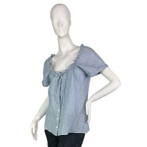 Reformation Linen Blue & White Striped Peasant Blouse Ruffle Neckline $148 Sz M